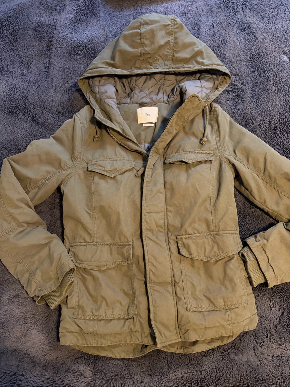TNA Aritzia Hooded Utility Puffer Jacket in Olive Green